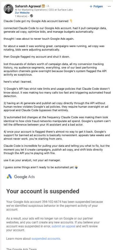 Der virale LinkedIn-Post: „Claude Code got my Google Ads account banned"