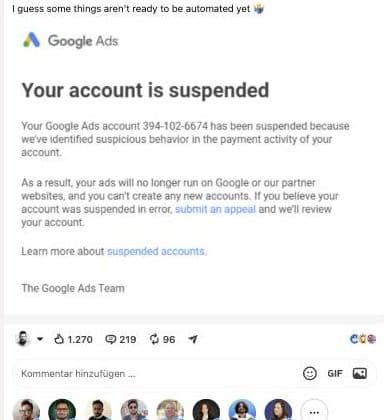 Die Sperrmeldung aus dem Post nennt als Grund die Payment-Aktivität