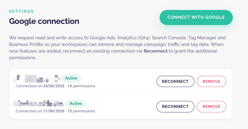 Portal: settings, Google connection with connected account and status Active