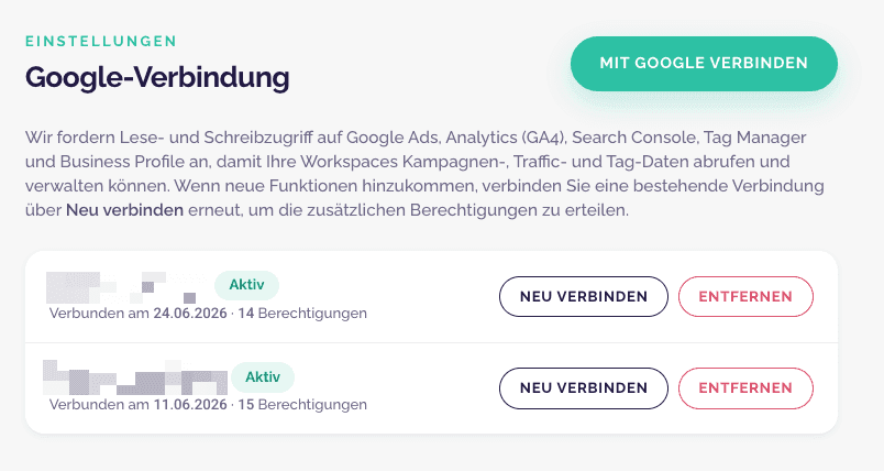 Portal: Einstellungen, Google-Verbindung mit verbundenem Konto und Status Aktiv