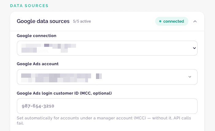 Portal: workspace with Google data sources, Google Ads account selected, status connected