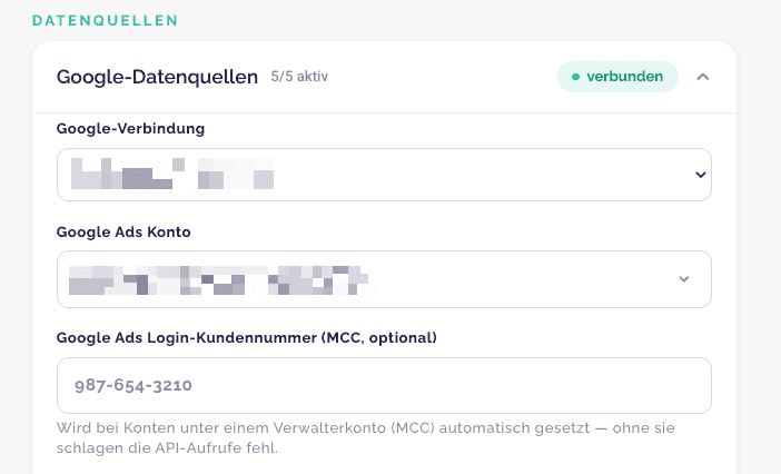 Portal: Workspace mit Google-Datenquellen, Google Ads Konto ausgewählt, Status verbunden