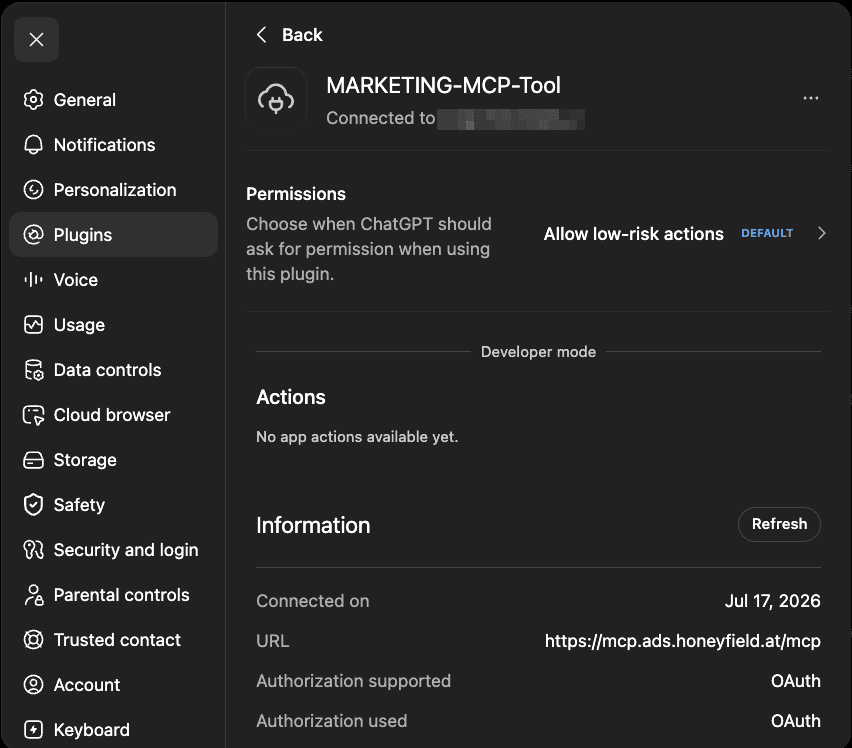 ChatGPT plugin details: connected to the Marketing-MCP account
