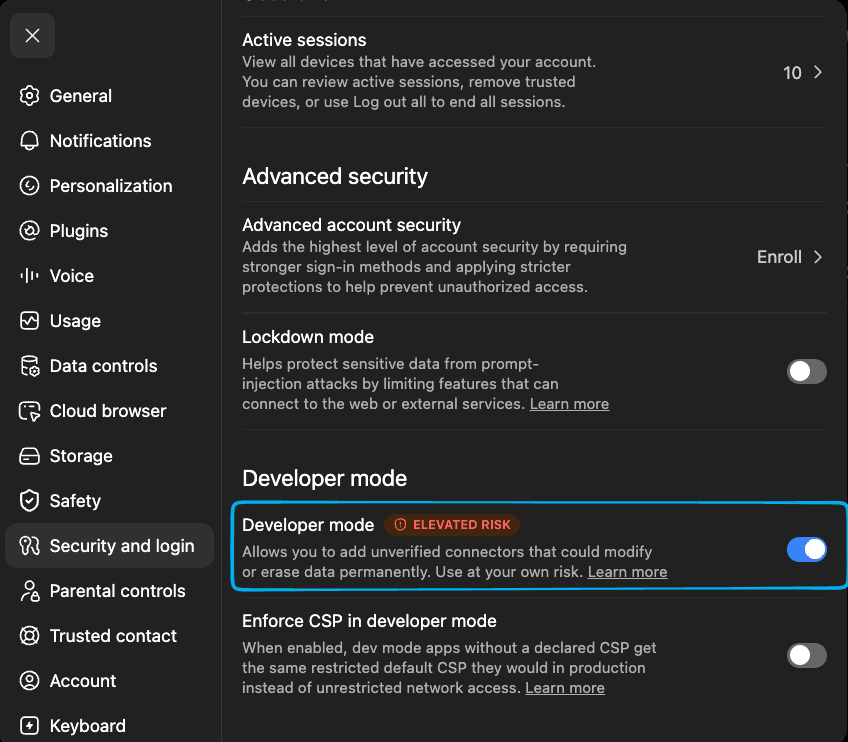 ChatGPT settings: enable Developer mode under Security and login
