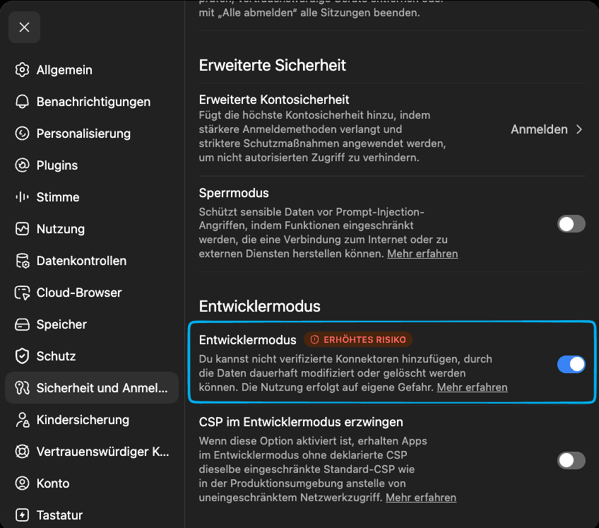 ChatGPT-Einstellungen: Entwicklermodus unter Sicherheit und Anmelden aktivieren