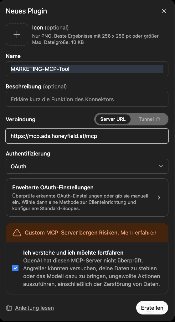 ChatGPT-Dialog Neues Plugin mit Name, Server-URL und OAuth