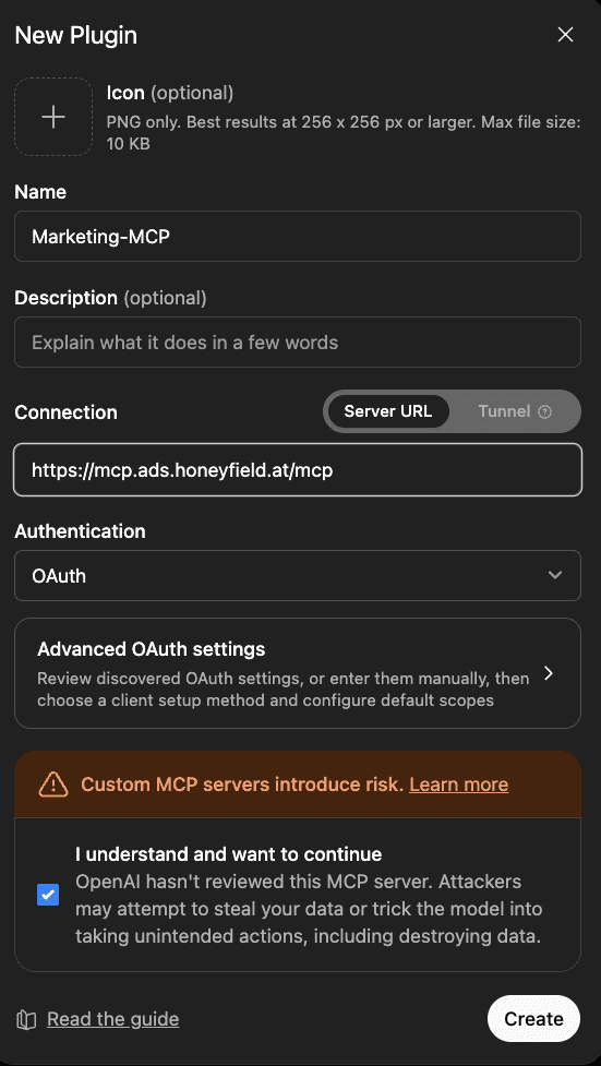 ChatGPT New Plugin dialog with name, server URL and OAuth