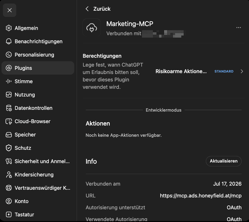 ChatGPT-Plugin-Details: Verbunden mit dem Marketing-MCP-Account