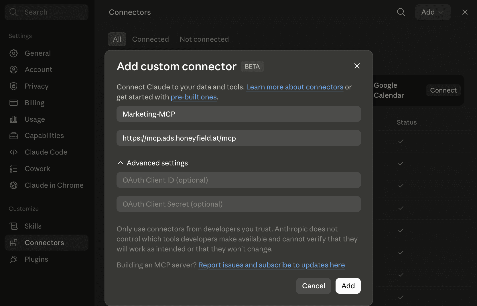 Claude.ai: “Add custom connector” dialog with name and connector URL