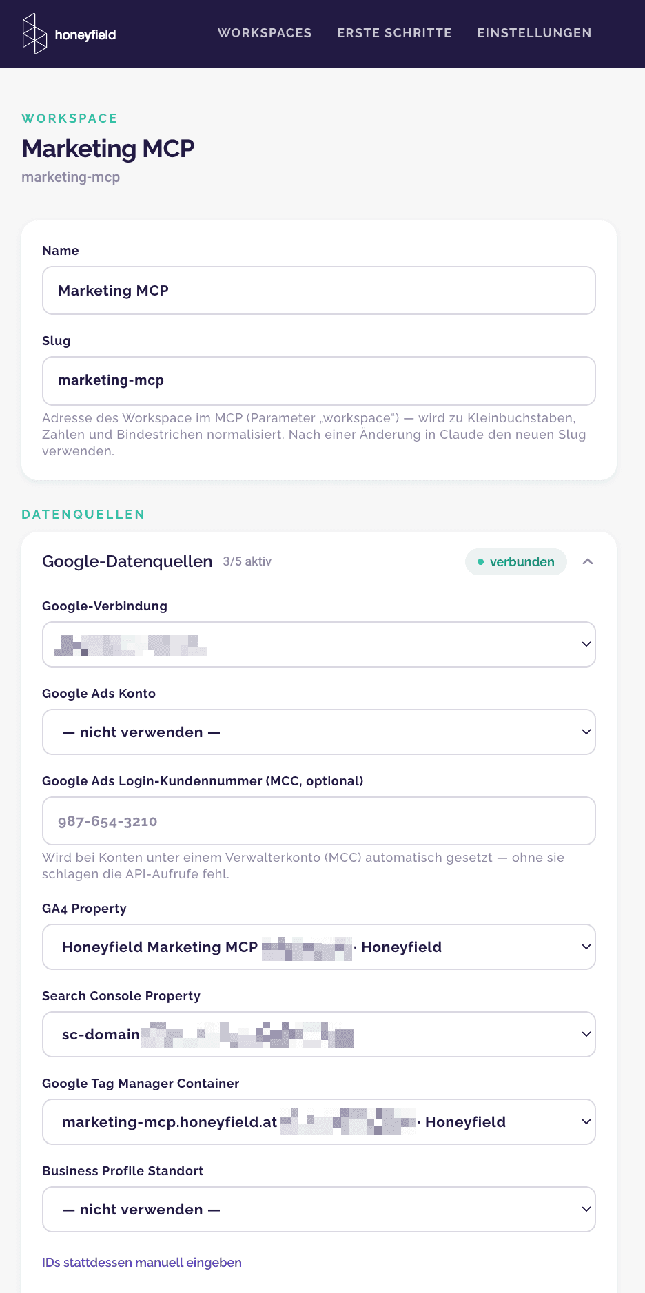 Workspace im Portal: Google-Datenquellen zugeordnet, Status verbunden