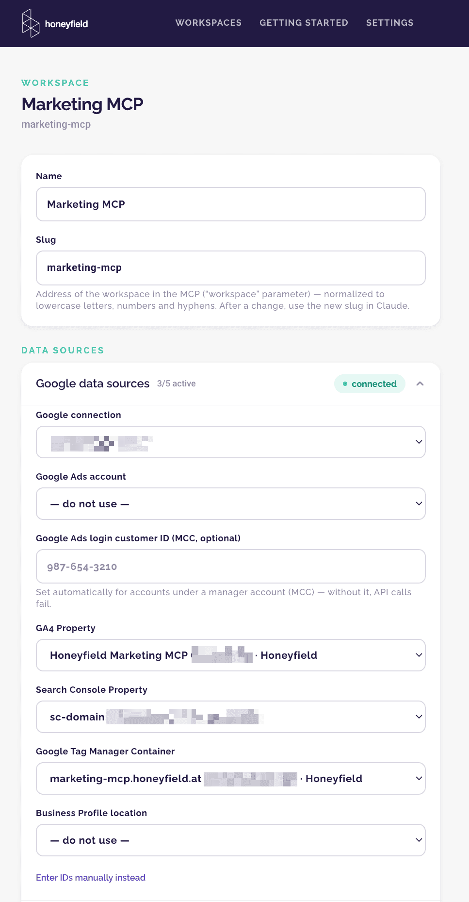 Workspace in the portal: Google data sources assigned, status connected